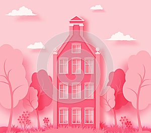 3d abstract paper cut illustration of pink paper art landscape with paper cut house, trees, flowers, grass ans sky.