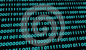 3D abstract particle binary pattern digital technology blue on blue gradient background