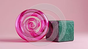 3D Abstract Pink Roll with Cube Minimal Design