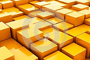 A 3D abstract render featuring a geometric composition set against a yellow background with cube elements