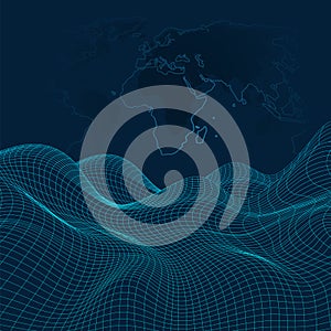 3D Abstract Virtual Landscape, Cyberspace Grid, Network - Technology Background