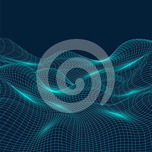 3D Abstract Virtual Landscape, Cyberspace Grid, Network - Technology Background