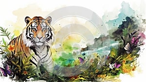 2d abstract water color sundanese tiger on the tropical forest surounded. Generative Ai photo