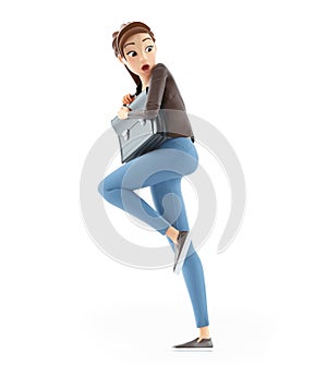 3d afraid cartoon woman holding briefcase
