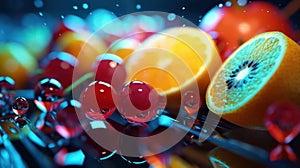 Mix-fruits with water drops on a blurred bokeh background. 3D AI generated image. photo