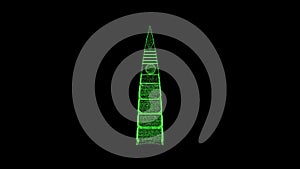 3D Al Faisaliyah Tower on black background. Object consisting of green flickering particles. Science concept. Abstract photo