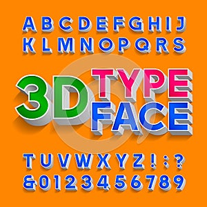 3D alphabet font. Three-dimensional typescript. Letters, numbers and symbols with shadow. photo
