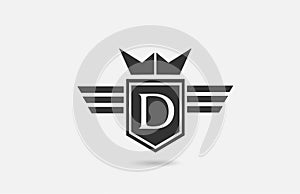 D alphabet letter logo icon for company in black and white. Creative badge design with king crown wings and shield for business