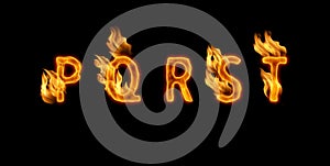 3d alphabet, letters made of fire on black background, PQRST