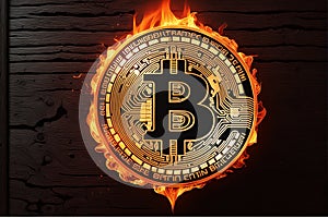 3d amazing visual effects of bitcoin burning in fire placing on wood photo