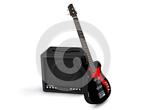 Amplifier and bass on white background