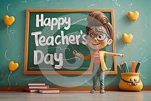 3D animated character celebrating Teacher\'s Day with a chalkboard and balloons in a playful scene photo