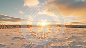 Winter Sunrise: Scenic Snow Field With Setting Sun photo