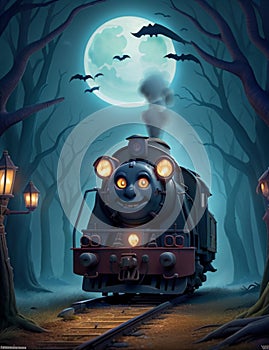 3D animation of a Helloween train at night traveling in a creepy forest generative Ai. Ai generated.