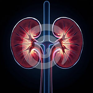 Detailed 3D Animation of Human Kidneys Radiating Light on Dark Background photo