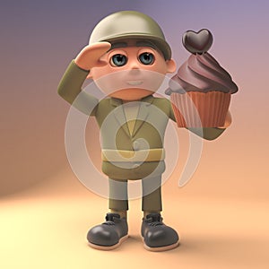 3d army soldier in military uniform salutes a chocolate cup cake, 3d illustration photo