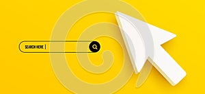 3d arrow cursor and search bar template for website. Navigation search for web browser. 3d mouse cursor icon. Vector