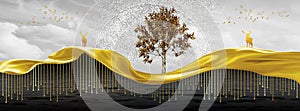 3d art mural landscape wall decor wallpaper. mountains deer golden wavy lines and trees in light gray background.