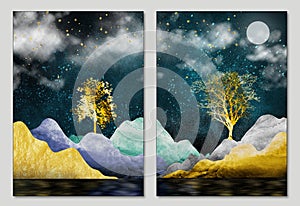 3d art mural wallpaper with colorful background, golden trees leaves, mountain, white moon in the sky. For canvas use as a frame o