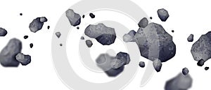 3D asteroid set, cosmos game meteorite clipart, vector space coal kit, sci-fi moon stone collection.