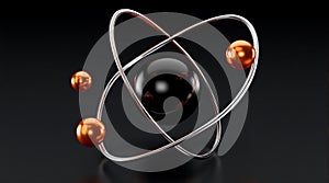 3d atom model with black nucleus and orange electrons