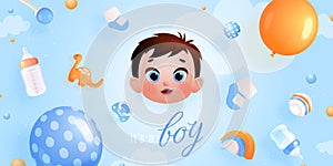 3d baby boy shower. Birth newborn greeting cute background, birthday celebrate banner design template, realistic kids