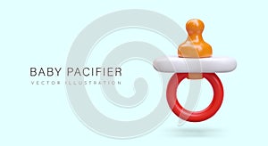 3d baby plastic pacifier in yellow and red colors. Advertising poster