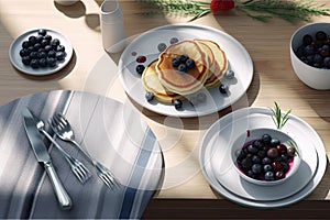 3d background breakfast shadow leaf sunlight space tablecloth soft table ning tray wooden knife fork rosemary raspberry black photo