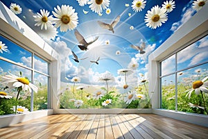 3D Background, Chamomiles, Blue Sky, and Pigeons. High-Definition 3D Background Will Visually Expand the Space in a Room, Bring