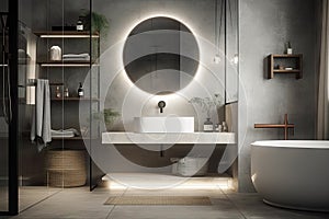 3d background design interior bathtub washbasin rack towel shelf wooden mirror counter vanity marble white partition glass reeded photo