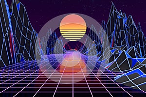3d background Illustration Inspired by 80's Scene synthwave and retrowave photo
