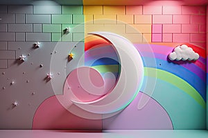 3d background with pastel colored wall with moon and stars, generative ai illustration