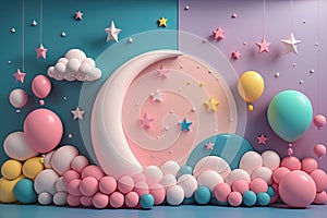 3d background with pastel colored wall with moon and stars, generative ai illustration