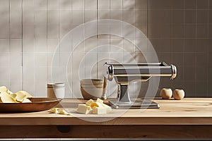 3d background preparation kitchen cooking homemade sunlight pin rolling scraper bench machine pasta handcrank steel stainless photo