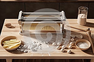 3d background preparation kitchen cooking homemade sunlight pin rolling scraper bench machine pasta handcrank steel stainless photo