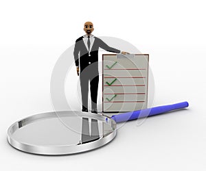 3d bald head man standing with checklist and big magnifying glass