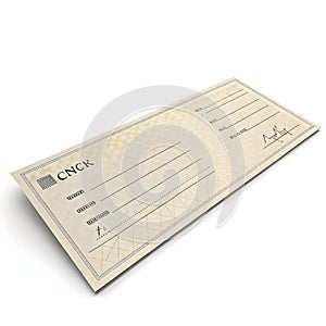 3D bank check isolated on white background