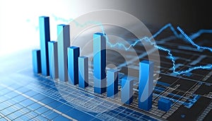 3D Bar Chart Analysis A Glossy, Translucent Visualization of Financial Data Trends and Analytics