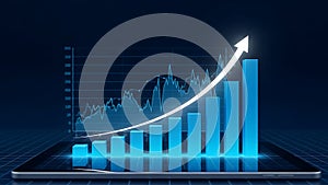 A 3D bar graph and line graph on a tablet screen showing an upward trend in business data analysis