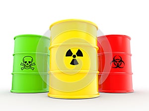 3d barrels with radiations bio hazard and toxic material symbols