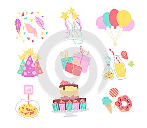 Vector collection of birthday party decor elements - confetti, hat, magic wand, bd cake, candy, balloons, gifts isolated.