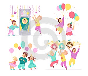 Vector collection of birthday party kids, decor idea elements isolated on white background - balloons, candy, rocket, garland.