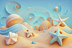 3D beach scene background with starfish and seashells. Plasticine clay dough illustration for kids
