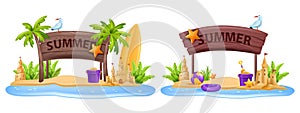 3D beach sign post set, board vacation summer travel vector frame, exotic star fish, sand castle.