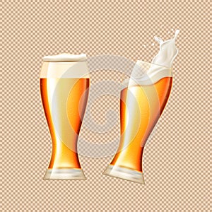 3d beer glass cup, foam splash. Realistic malt yellow drink, brewery beverages, light swirl for promotion of alcohol