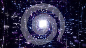 3D Big Data Digital Tunnel Square with futuristic matrix. Network of particles with binary code. Technological and