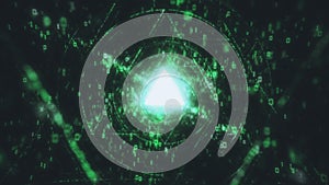 3D Big Data Digital Tunnel triangle with futuristic matrix. Network of particles with binary code. Technological and