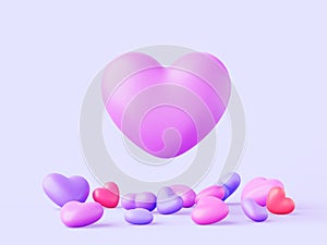 3d big love symbol with scattering of small red, pink, purple heart shape balloons on abstract background. Valentine day