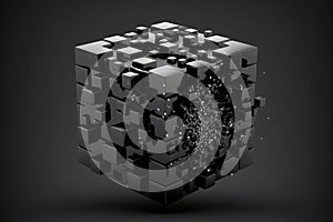 3d black abstract technology cube on empty dark background, created with Generative AI technology