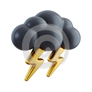3D black cloud with golden lightning, isolated.